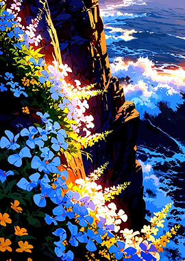 Cliffside Flowers Overlooking Ocean Waves