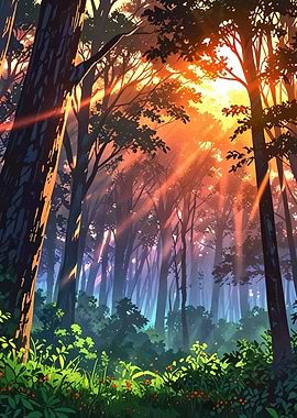 Sunbeams through a forest canopy