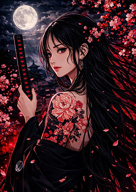 Samurai Woman with Cherry Blossoms