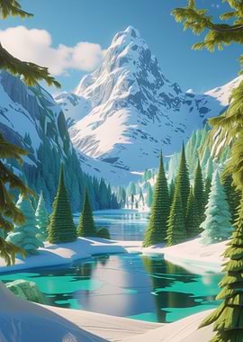 Snowy Mountain Landscape with Frozen Lake