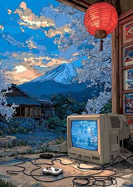 Retro Gaming with Mount Fuji View