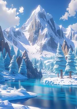 Snowy Mountain Landscape with Frozen Lake