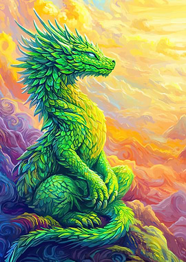 Green Dragon in a Fiery Sky