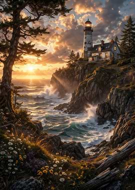 Lighthouse on a Rocky Coast at Sunset