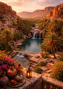 Oasis village with waterfalls and palm trees