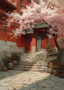 Cherry Blossoms Over Ancient Steps