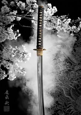 Samurai Sword with Cherry Blossoms and Dragon Tattoo
