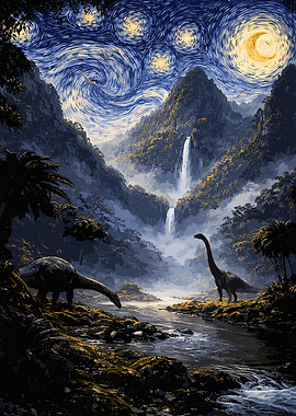 Dinosaurs in a Starry Night Landscape