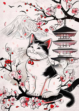 Japanese cat under Cherry Blossom