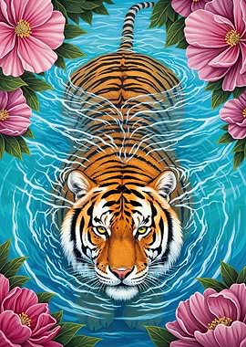 Tiger in Water with Flowers