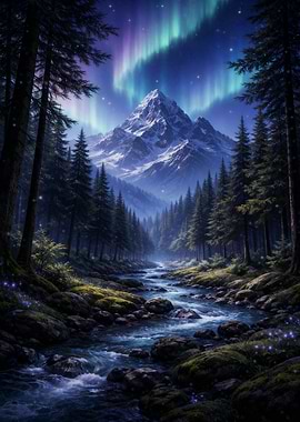 Aurora Borealis over Snowy Mountains and Forest