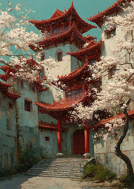 Pagoda Architecture with Cherry Blossoms