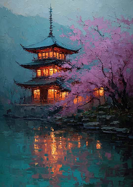 Pagoda by Cherry Blossoms