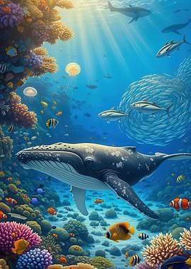 Whale and Fish in Coral Reef