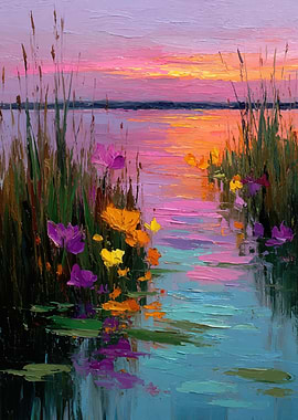 Sunset over a tranquil lake with flowers