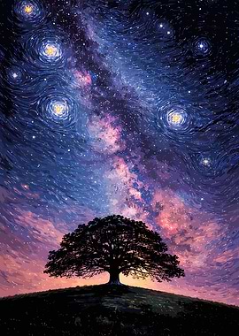 Lone Tree Under Starry Night Sky