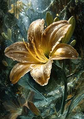 Enchanted Golden Lily in a Mystical Forest