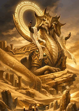 Golden Dragon God in Desert Ruins
