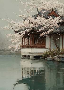 Tranquil Japanese Garden with Cherry Blossoms