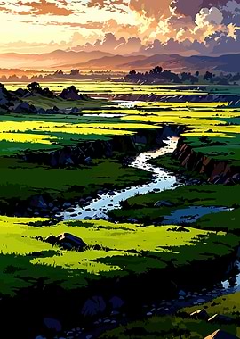 Anime Landscape with River and Mountains