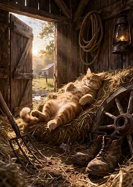 Cat sleeping in a barn