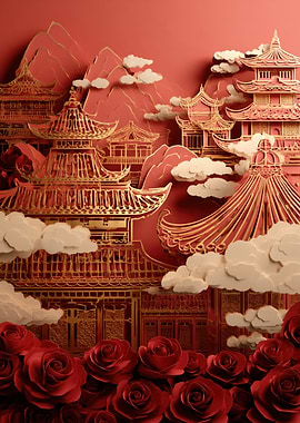Chinese Pagodas and Roses