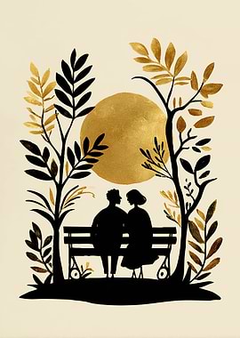 Couple on a bench under a golden sun
