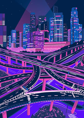 Neon Cityscape with Highway Interchange