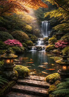 Tranquil Japanese Garden with Waterfall and Koi Pond