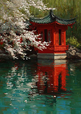 Red Pagoda by Cherry Blossoms