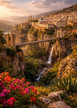 Algeria Constantine Cityscape with Bridge and Waterfall