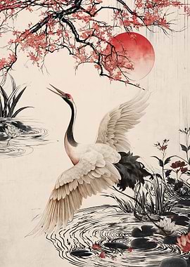 Crane and Cherry Blossoms by the Water