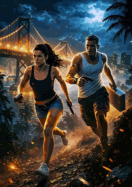 Action Duo Running Through Cityscape