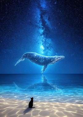 Cat Watches a Celestial Whale Over the Ocean