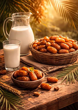 Dates and Milk on a Wooden Table