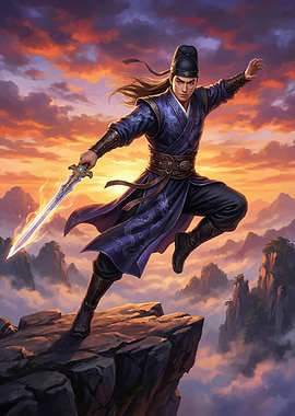 Warrior with glowing sword at sunset