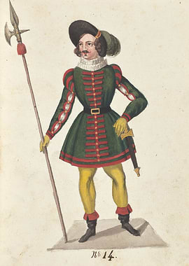 Man in historical military costume with halberd