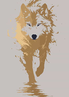 Golden Wolf Running in Water