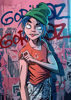 2-D from Gorillaz in front of graffiti