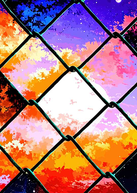 Vibrant Sunset Sky Behind Chain Link Fence