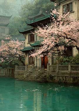 Tranquil Asian Garden by Water