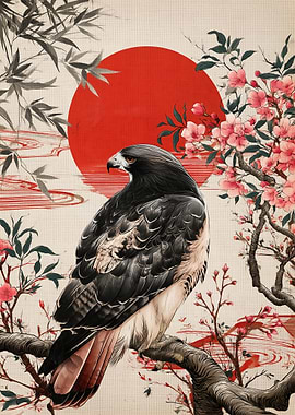 Hawk with Cherry Blossoms and Sun