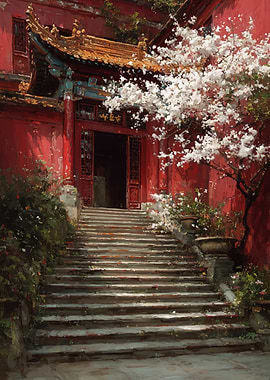 Temple Entrance with Cherry Blossoms