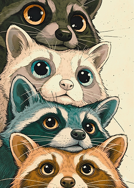 Stack of Cute Raccoons