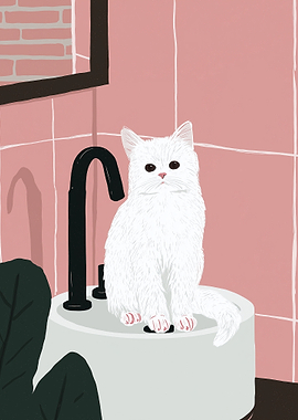 White cat in a bathroom sink