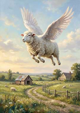 Flying Sheep in a Pastoral Landscape