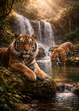 Tigers by a Waterfall