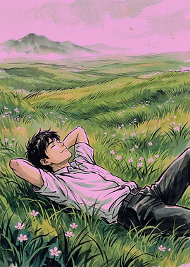 Man relaxing in a grassy field