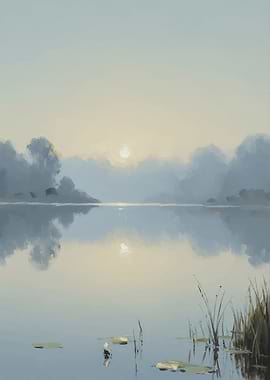 Misty Sunrise Over a Calm Lake