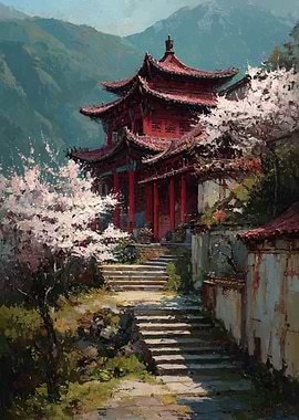 Traditional Asian Temple Amidst Cherry Blossoms
